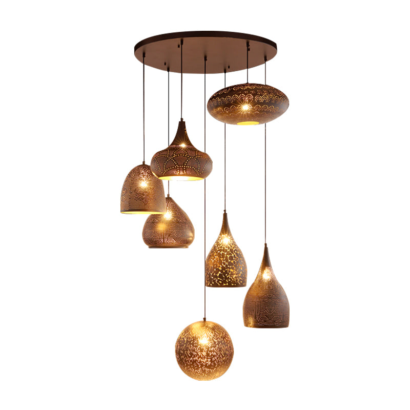 7 Lights Hollow-Out Cluster Pendant Art Deco Black/Silver/Brass Finish Iron Arab Hanging Ceiling Lamp Clearhalo 'Ceiling Lights' 'Pendant Lights' 'Pendants' Lighting' 400561