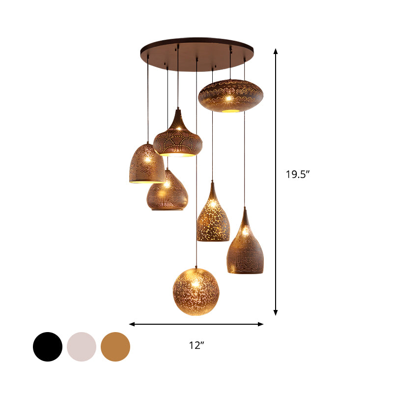 7 Lights Hollow-Out Cluster Pendant Art Deco Black/Silver/Brass Finish Iron Arab Hanging Ceiling Lamp Clearhalo 'Ceiling Lights' 'Pendant Lights' 'Pendants' Lighting' 400562