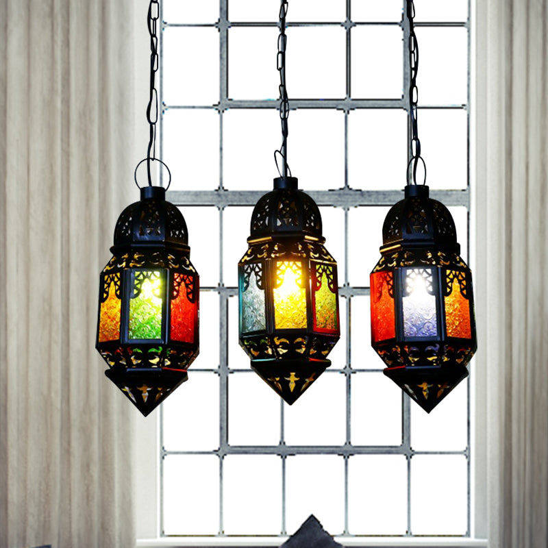 Black 3-Bulb Hanging Lighting Vintage Metallic Lantern Multi Pendant Lamp for Restaurant Clearhalo 'Ceiling Lights' 'Pendant Lights' 'Pendants' Lighting' 400566