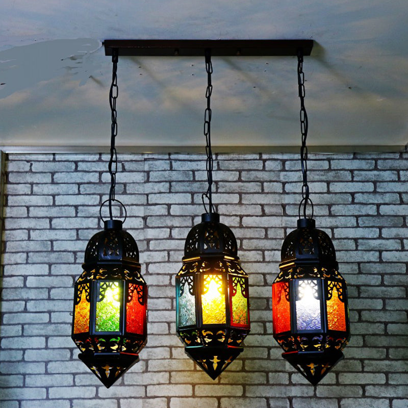 Black 3-Bulb Hanging Lighting Vintage Metallic Lantern Multi Pendant Lamp for Restaurant Clearhalo 'Ceiling Lights' 'Pendant Lights' 'Pendants' Lighting' 400567