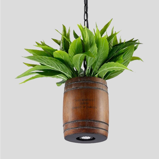 1 Head Barrel Suspension Lamp Industrial Brown Wooden Ceiling Pendant with Plant for Restaurant Clearhalo 'Art Deco Pendants' 'Cast Iron' 'Ceiling Lights' 'Ceramic' 'Crystal' 'Industrial Pendants' 'Industrial' 'Metal' 'Middle Century Pendants' 'Pendant Lights' 'Pendants' 'Tiffany' Lighting' 400582