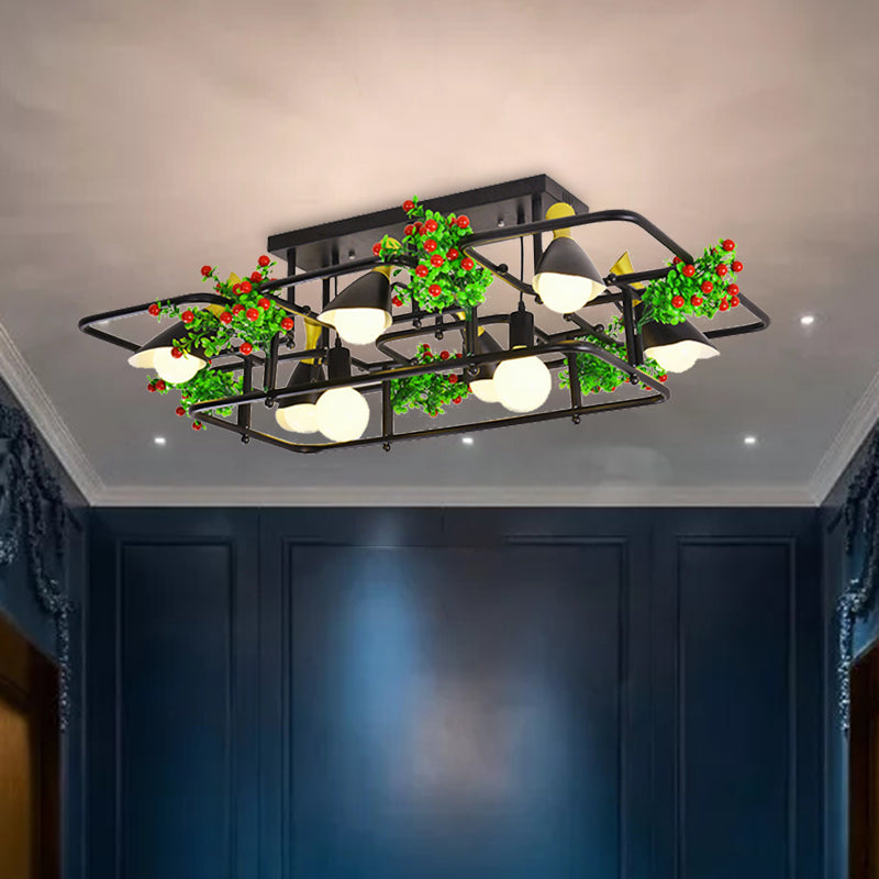 5/8 Lights Square/Rectangle Ceiling Lighting Industrial Black Metal Plant Semi Flush Mount for Living Room 8 Black Clearhalo 'Ceiling Lights' 'Close To Ceiling Lights' 'Close to ceiling' 'Semi-flushmount' Lighting' 400612