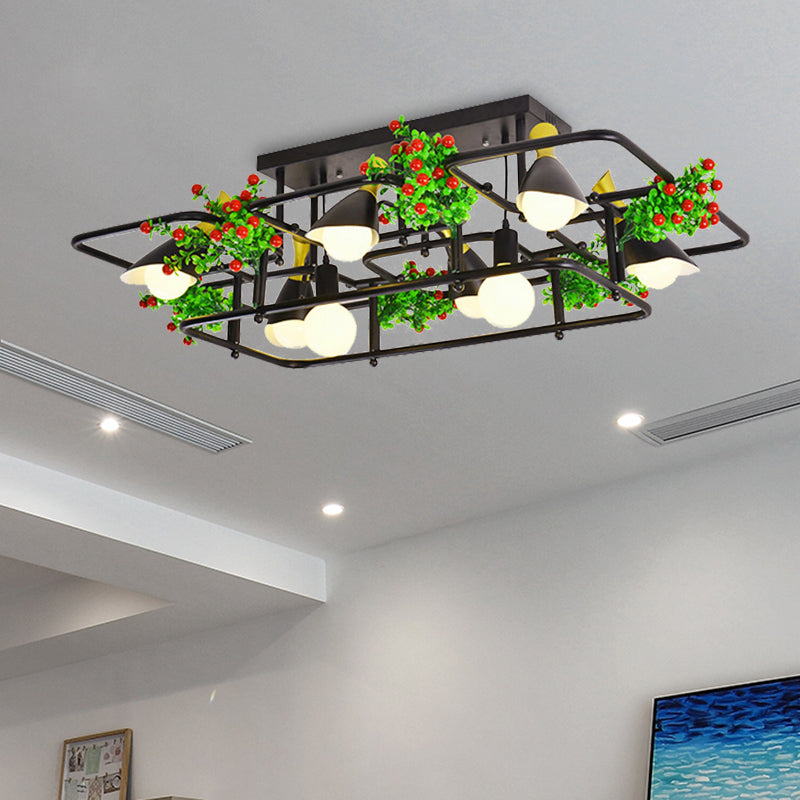 5/8 Lights Square/Rectangle Ceiling Lighting Industrial Black Metal Plant Semi Flush Mount for Living Room Clearhalo 'Ceiling Lights' 'Close To Ceiling Lights' 'Close to ceiling' 'Semi-flushmount' Lighting' 400613