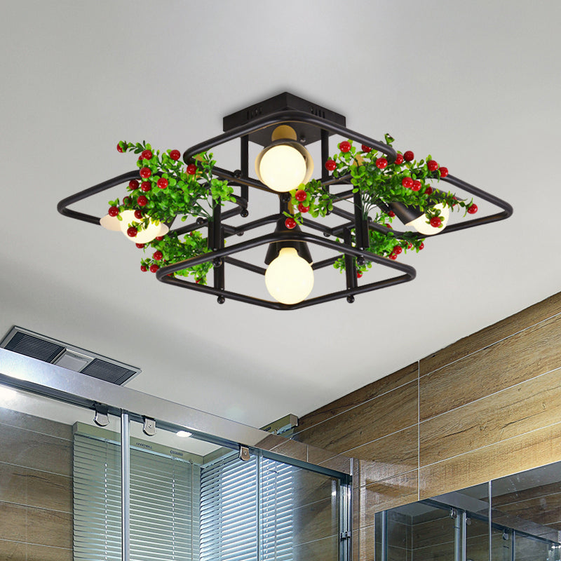 5/8 Lights Square/Rectangle Ceiling Lighting Industrial Black Metal Plant Semi Flush Mount for Living Room Clearhalo 'Ceiling Lights' 'Close To Ceiling Lights' 'Close to ceiling' 'Semi-flushmount' Lighting' 400618