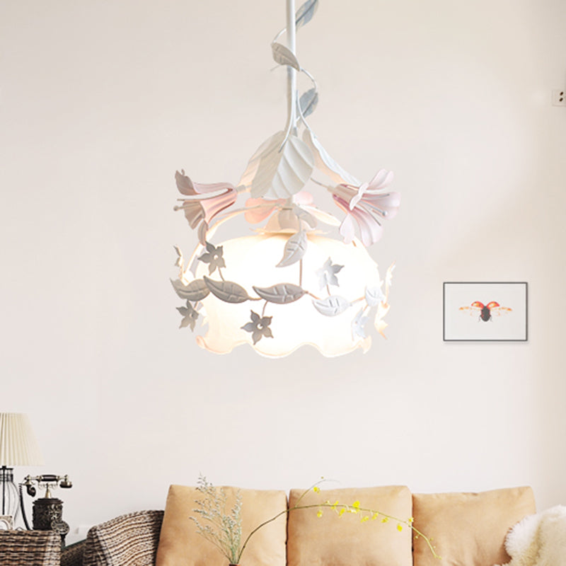 Scalloped Bedroom Hanging Ceiling Light Pastoral Metal 1 Bulb White Flower Suspension Lighting Clearhalo 'Ceiling Lights' 'Pendant Lights' 'Pendants' Lighting' 400652