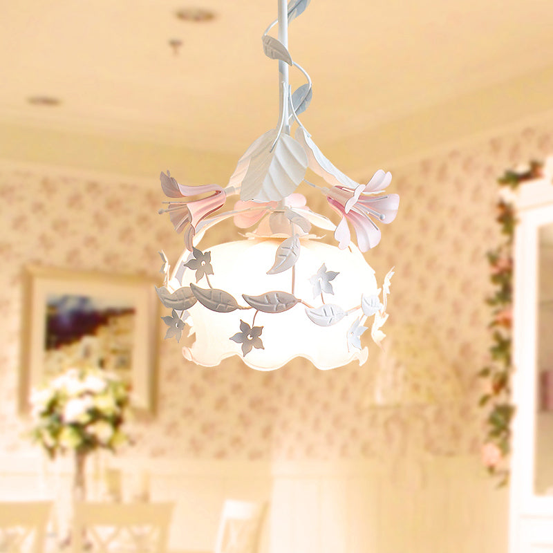 Scalloped Bedroom Hanging Ceiling Light Pastoral Metal 1 Bulb White Flower Suspension Lighting Clearhalo 'Ceiling Lights' 'Pendant Lights' 'Pendants' Lighting' 400653