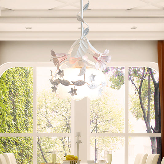 Scalloped Bedroom Hanging Ceiling Light Pastoral Metal 1 Bulb White Flower Suspension Lighting Clearhalo 'Ceiling Lights' 'Pendant Lights' 'Pendants' Lighting' 400654