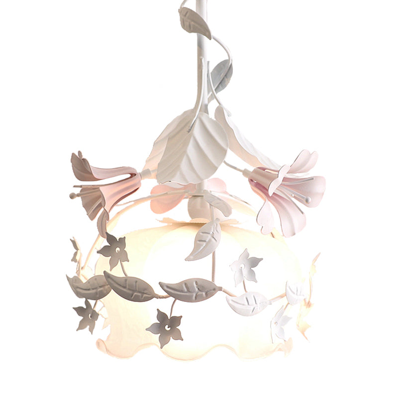 Scalloped Bedroom Hanging Ceiling Light Pastoral Metal 1 Bulb White Flower Suspension Lighting Clearhalo 'Ceiling Lights' 'Pendant Lights' 'Pendants' Lighting' 400655