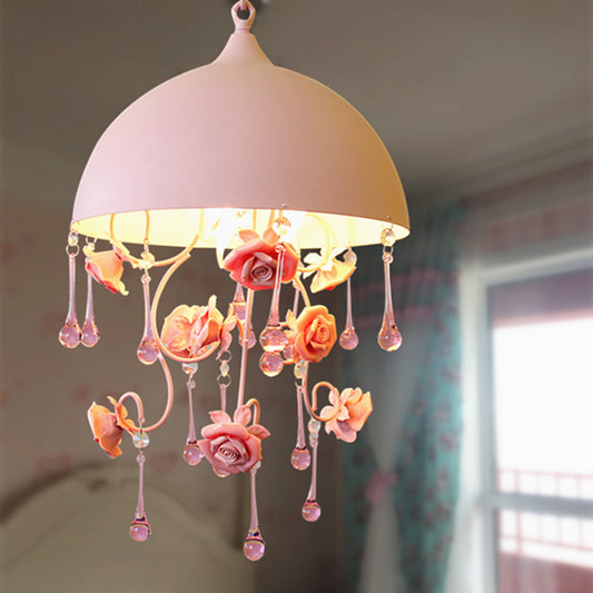 1 Light Dome Pendant Lamp Pastoral Pink Metal Rose Hanging Light Fixture for Living Room Pink Clearhalo 'Art Deco Pendants' 'Cast Iron' 'Ceiling Lights' 'Ceramic' 'Crystal' 'Industrial Pendants' 'Industrial' 'Metal' 'Middle Century Pendants' 'Pendant Lights' 'Pendants' 'Tiffany' Lighting' 400674