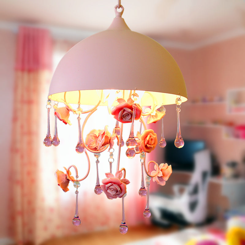 1 Light Dome Pendant Lamp Pastoral Pink Metal Rose Hanging Light Fixture for Living Room Clearhalo 'Art Deco Pendants' 'Cast Iron' 'Ceiling Lights' 'Ceramic' 'Crystal' 'Industrial Pendants' 'Industrial' 'Metal' 'Middle Century Pendants' 'Pendant Lights' 'Pendants' 'Tiffany' Lighting' 400675