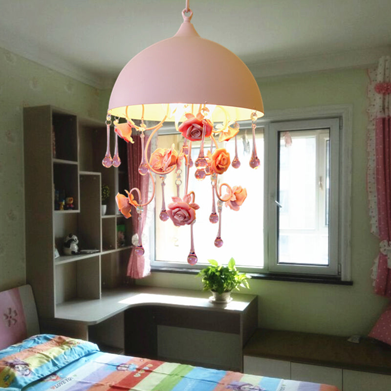 1 Light Dome Pendant Lamp Pastoral Pink Metal Rose Hanging Light Fixture for Living Room Clearhalo 'Art Deco Pendants' 'Cast Iron' 'Ceiling Lights' 'Ceramic' 'Crystal' 'Industrial Pendants' 'Industrial' 'Metal' 'Middle Century Pendants' 'Pendant Lights' 'Pendants' 'Tiffany' Lighting' 400676