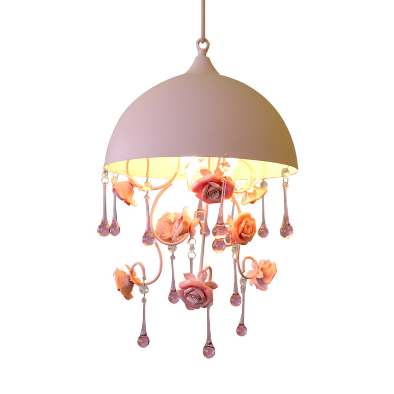 1 Light Dome Pendant Lamp Pastoral Pink Metal Rose Hanging Light Fixture for Living Room Clearhalo 'Art Deco Pendants' 'Cast Iron' 'Ceiling Lights' 'Ceramic' 'Crystal' 'Industrial Pendants' 'Industrial' 'Metal' 'Middle Century Pendants' 'Pendant Lights' 'Pendants' 'Tiffany' Lighting' 400677