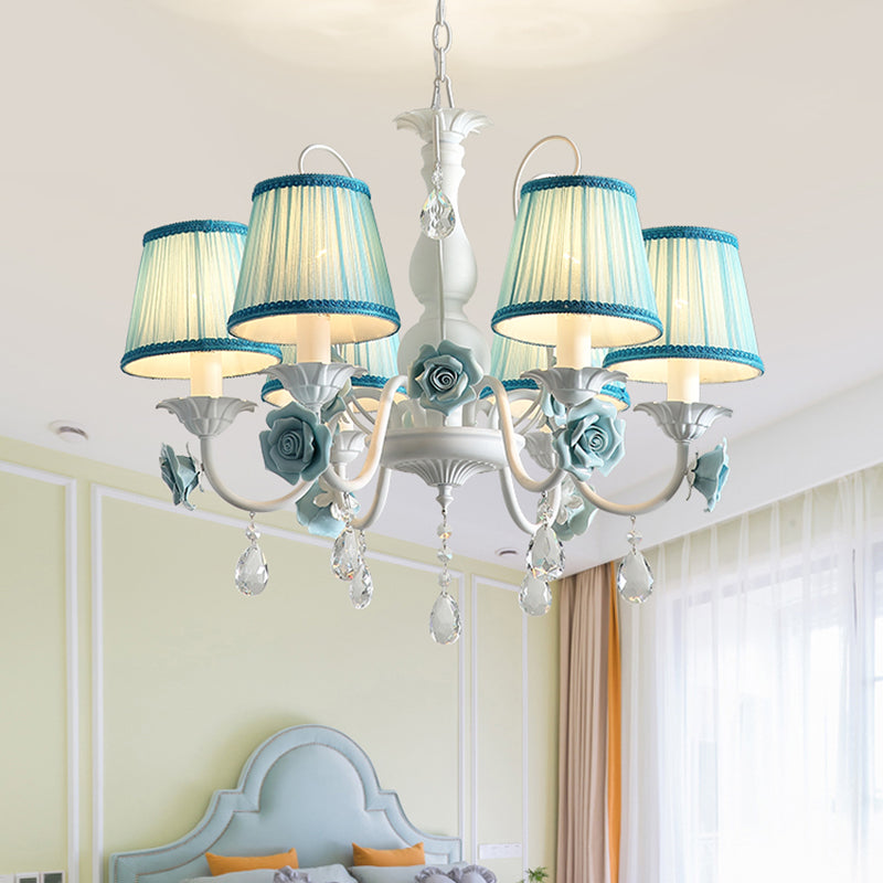 Pink/Blue 6 Heads Chandelier Lighting Korean Garden Metal Tapered Hanging Light Fixture with Fabric Shade Blue Clearhalo 'Ceiling Lights' 'Chandeliers' Lighting' options 400714_c51b9bbd-0461-4a80-b8d0-fe9fdd3a9740