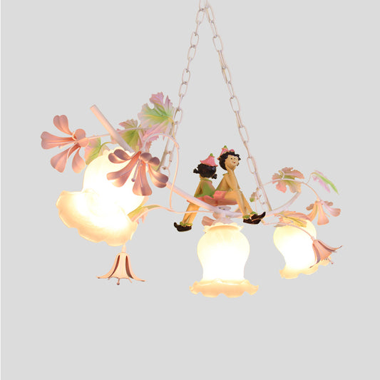 3 Bulbs Flower Chandelier Light Pastoral White Metal Pendant Lighting with Doll Decoration Clearhalo 'Ceiling Lights' 'Chandeliers' Lighting' options 400725