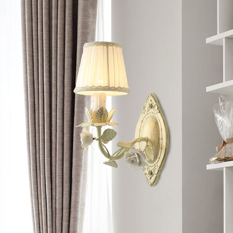 Beige Conical Wall Sconce Light Pastoral Metal 1/2 Bulbs Bedroom Flower Wall Mount Lamp with Fabric Shade 1.0 Beige Clearhalo 'Wall Lamps & Sconces' 'Wall Lights' Lighting' 400732