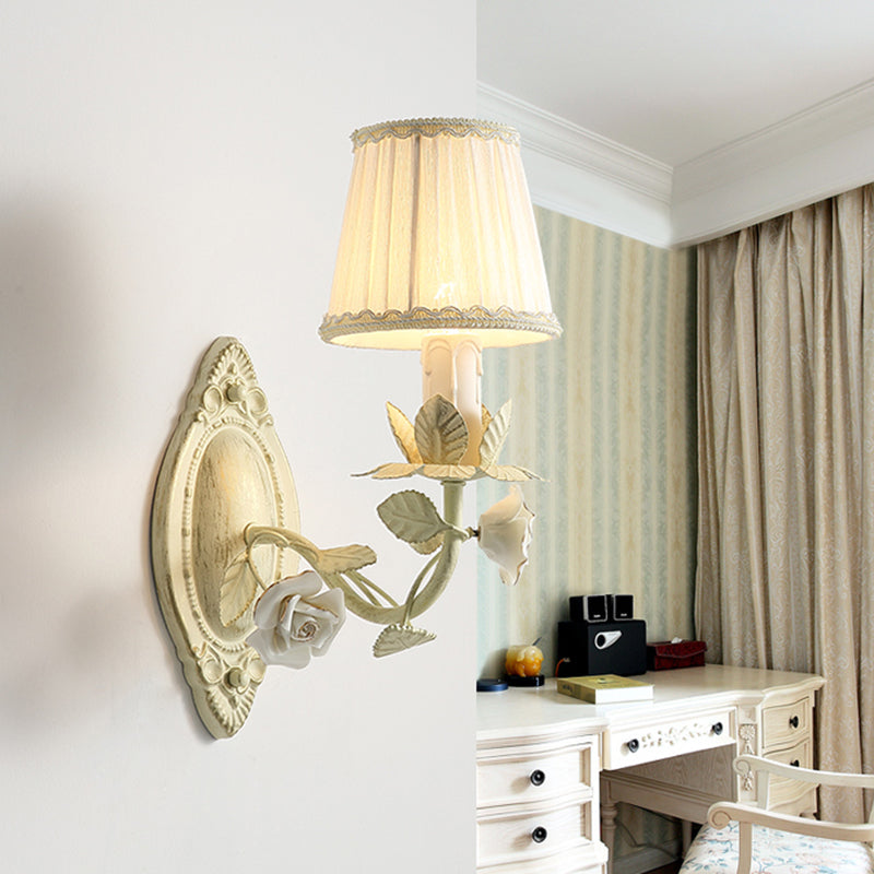 Beige Conical Wall Sconce Light Pastoral Metal 1/2 Bulbs Bedroom Flower Wall Mount Lamp with Fabric Shade Clearhalo 'Wall Lamps & Sconces' 'Wall Lights' Lighting' 400733