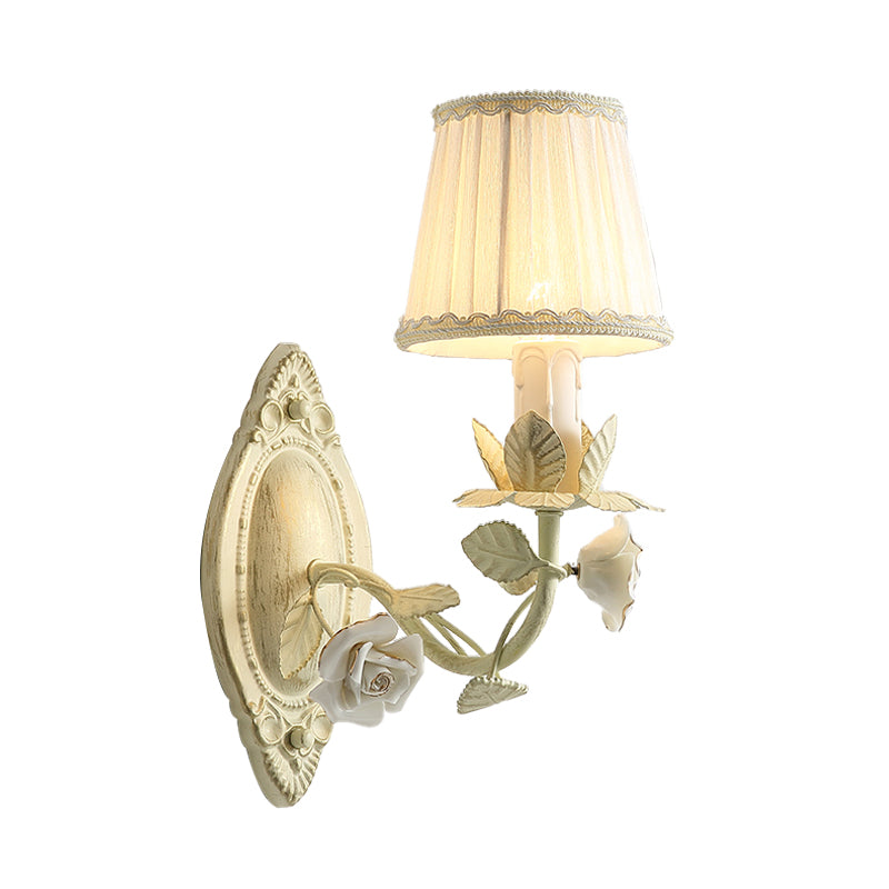 Beige Conical Wall Sconce Light Pastoral Metal 1/2 Bulbs Bedroom Flower Wall Mount Lamp with Fabric Shade Clearhalo 'Wall Lamps & Sconces' 'Wall Lights' Lighting' 400734