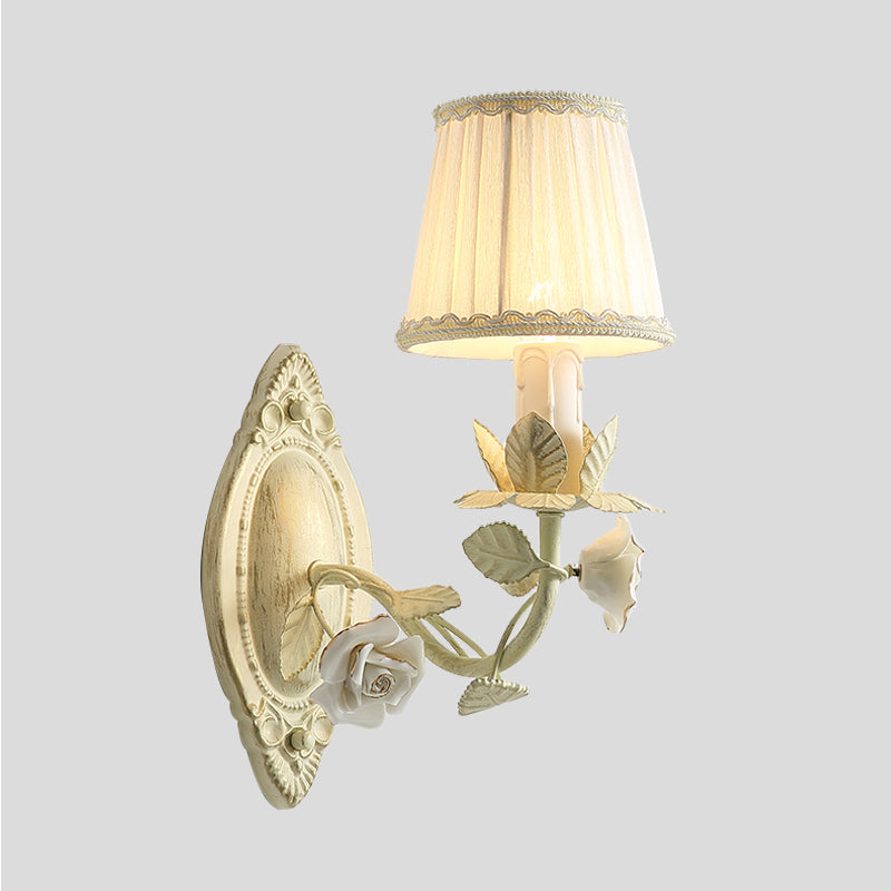 Beige Conical Wall Sconce Light Pastoral Metal 1/2 Bulbs Bedroom Flower Wall Mount Lamp with Fabric Shade Clearhalo 'Wall Lamps & Sconces' 'Wall Lights' Lighting' 400735