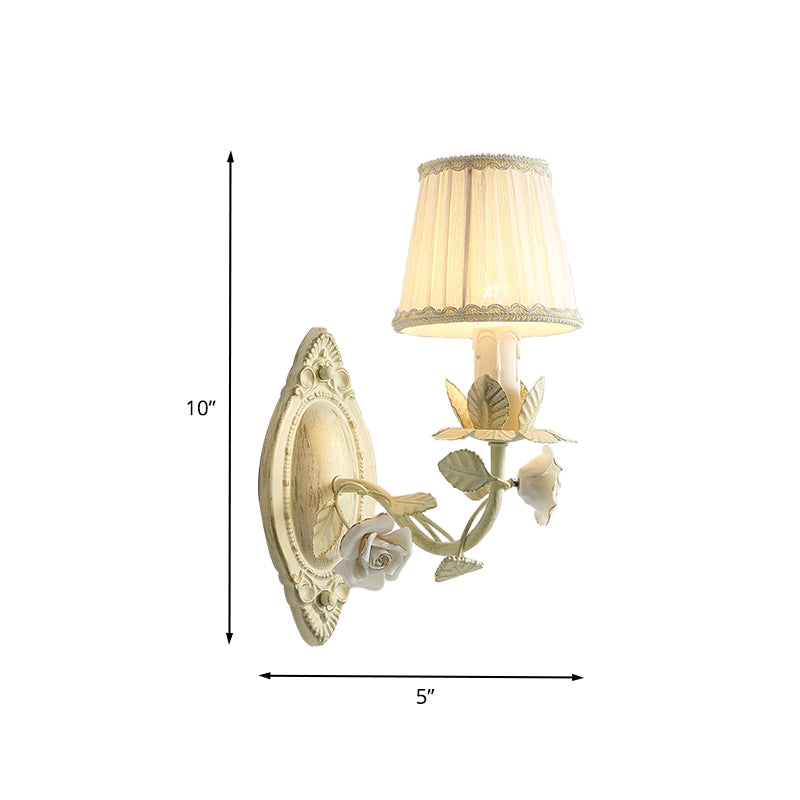 Beige Conical Wall Sconce Light Pastoral Metal 1/2 Bulbs Bedroom Flower Wall Mount Lamp with Fabric Shade Clearhalo 'Wall Lamps & Sconces' 'Wall Lights' Lighting' 400736