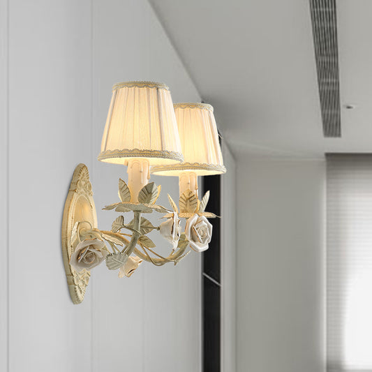 Beige Conical Wall Sconce Light Pastoral Metal 1/2 Bulbs Bedroom Flower Wall Mount Lamp with Fabric Shade Clearhalo 'Wall Lamps & Sconces' 'Wall Lights' Lighting' 400738