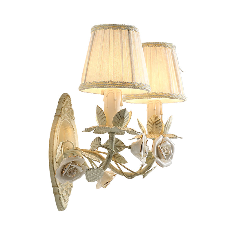 Beige Conical Wall Sconce Light Pastoral Metal 1/2 Bulbs Bedroom Flower Wall Mount Lamp with Fabric Shade Clearhalo 'Wall Lamps & Sconces' 'Wall Lights' Lighting' 400739