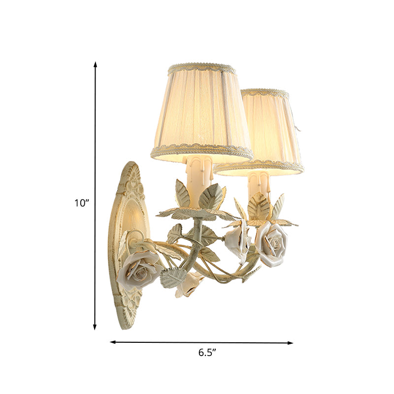 Beige Conical Wall Sconce Light Pastoral Metal 1/2 Bulbs Bedroom Flower Wall Mount Lamp with Fabric Shade Clearhalo 'Wall Lamps & Sconces' 'Wall Lights' Lighting' 400740