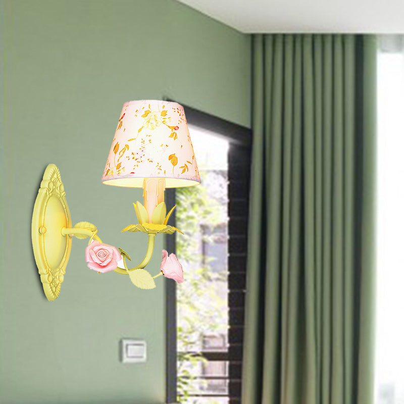 1-Light Metal Sconce Fixture Pastoral Green Cone Living Room Wall Lighting with Fabric Shade Green Clearhalo 'Wall Lamps & Sconces' 'Wall Lights' Lighting' 400741