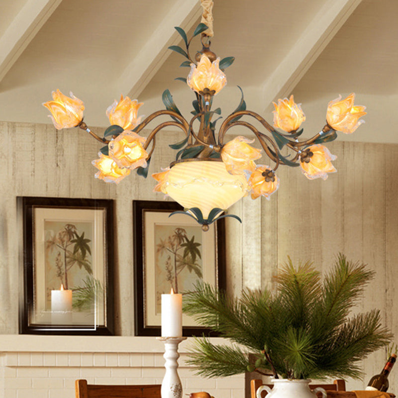 American Flower Chandelier Lighting Fixture 15 Heads Metal LED Pendant Ceiling Light in Brass Brass Clearhalo 'Ceiling Lights' 'Chandeliers' Lighting' options 400867_8f6244dd-e82f-4a5c-89f9-ef81beb502ab