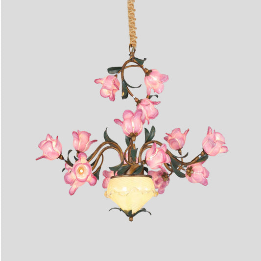 15 Lights Chandelier Pendant Light American Flower Metal LED Suspension Lamp in Brass for Bedroom Clearhalo 'Ceiling Lights' 'Chandeliers' Lighting' options 400880