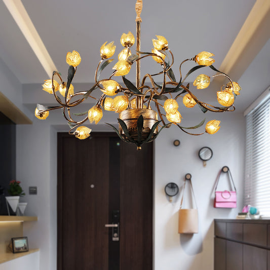 Tulip Metal Chandelier Light Pastoral 25 Bulbs Living Room LED Pendant Lighting Fixture in Brass Clearhalo 'Ceiling Lights' 'Chandeliers' Lighting' options 400888