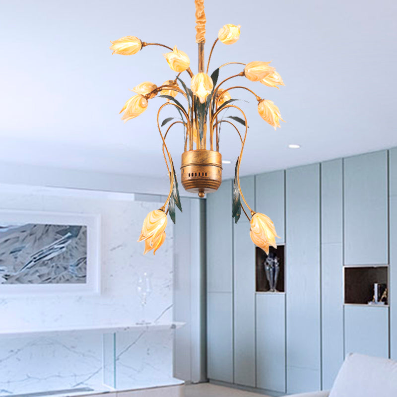 Metal Brass Hanging Chandelier Tulip 16/25 Lights Pastoral Style LED Down Lighting Pendant for Bedroom 16 Brass Clearhalo 'Ceiling Lights' 'Chandeliers' Lighting' options 400912_64017468-ef3b-412b-8e08-92db87daaa0e