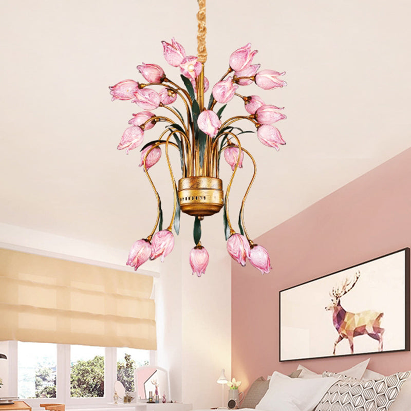 Metal Brass Hanging Chandelier Tulip 16/25 Lights Pastoral Style LED Down Lighting Pendant for Bedroom 25 Brass Clearhalo 'Ceiling Lights' 'Chandeliers' Lighting' options 400917_f2a372cc-a492-414a-bc6c-0be1e07a5b9c