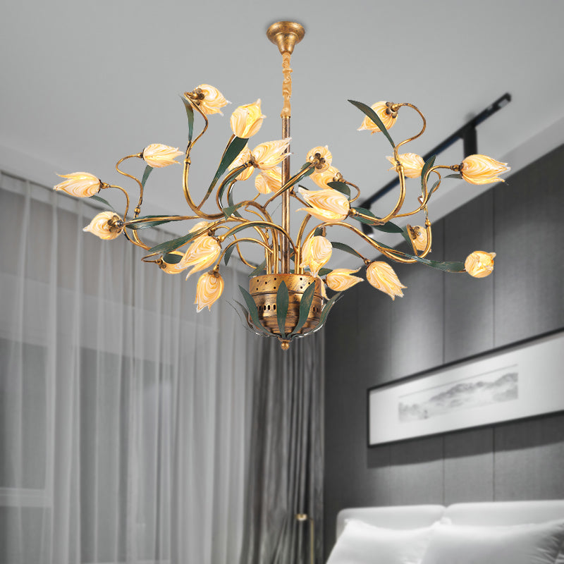 Metal Tulip Chandelier Light Fixture American Garden 25 Lights Dining Room LED Ceiling Pendant in Brass Clearhalo 'Ceiling Lights' 'Chandeliers' Lighting' options 400975