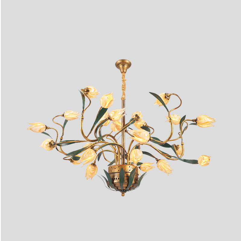 Metal Tulip Chandelier Light Fixture American Garden 25 Lights Dining Room LED Ceiling Pendant in Brass Clearhalo 'Ceiling Lights' 'Chandeliers' Lighting' options 400978