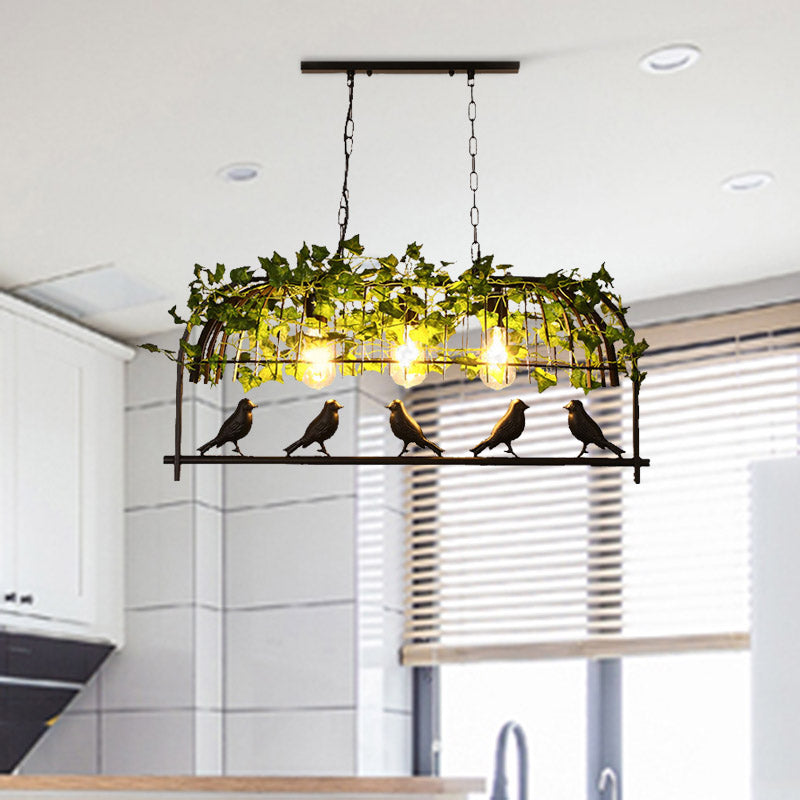 3 Lights Birdcage Island Ceiling Light Industrial Black Metal Hanging Lamp with Plant Decoration Black Clearhalo 'Ceiling Lights' 'Island Lights' Lighting' 401018