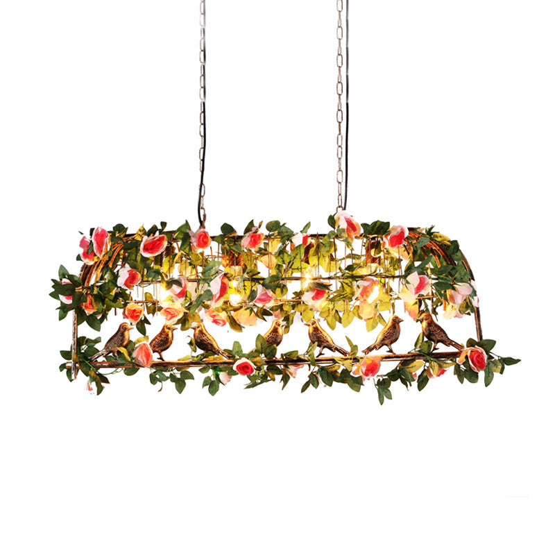 Industrial Birdcage Island Light Fixture 4 Bulbs Metal Ceiling Suspension Lamp in Brass with Flower Decor Clearhalo 'Ceiling Lights' 'Island Lights' Lighting' 401035