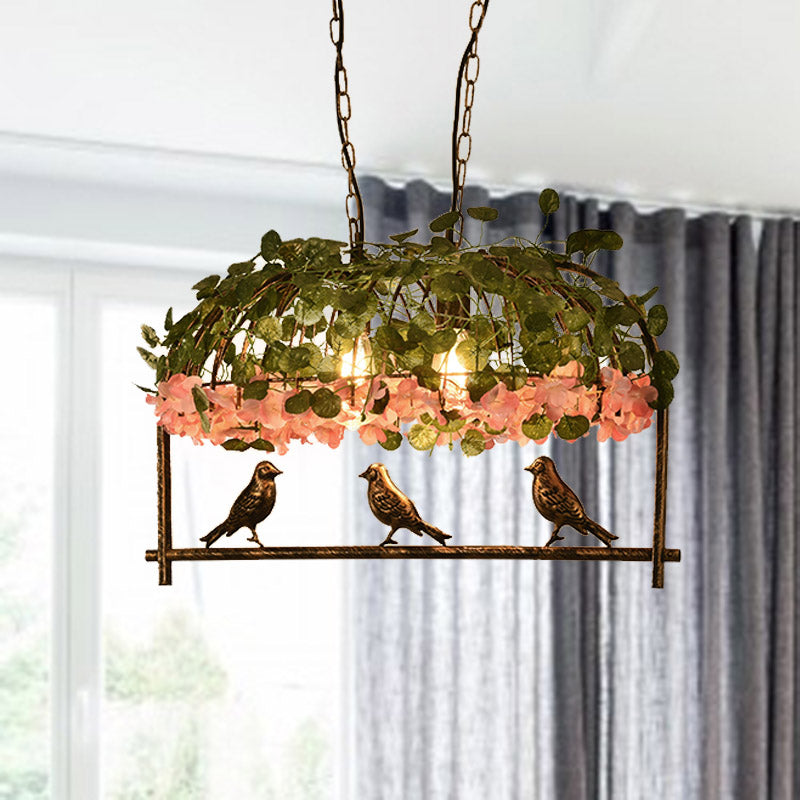 Birdcage Restaurant Island Ceiling Light Retro Metal 2/3/4 Heads Brass Drop Lamp with Flower Decor 2 Brass Clearhalo 'Ceiling Lights' 'Island Lights' Lighting' 401037