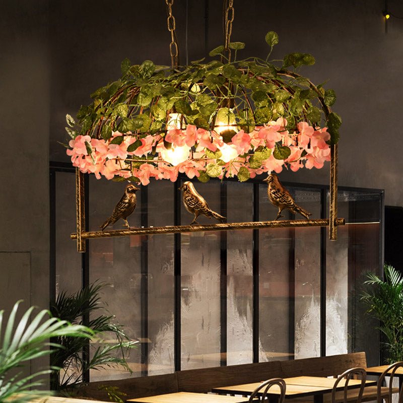 Birdcage Restaurant Island Ceiling Light Retro Metal 2/3/4 Heads Brass Drop Lamp with Flower Decor Clearhalo 'Ceiling Lights' 'Island Lights' Lighting' 401039