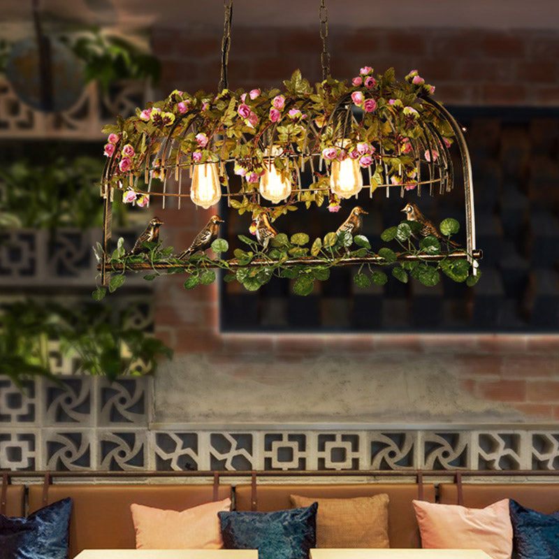 Birdcage Restaurant Island Ceiling Light Retro Metal 2/3/4 Heads Brass Drop Lamp with Flower Decor 3 Brass Clearhalo 'Ceiling Lights' 'Island Lights' Lighting' 401042