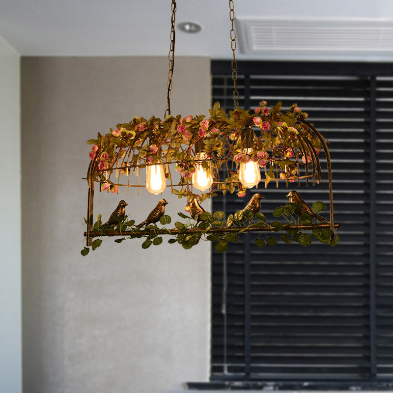 Birdcage Restaurant Island Ceiling Light Retro Metal 2/3/4 Heads Brass Drop Lamp with Flower Decor Clearhalo 'Ceiling Lights' 'Island Lights' Lighting' 401043