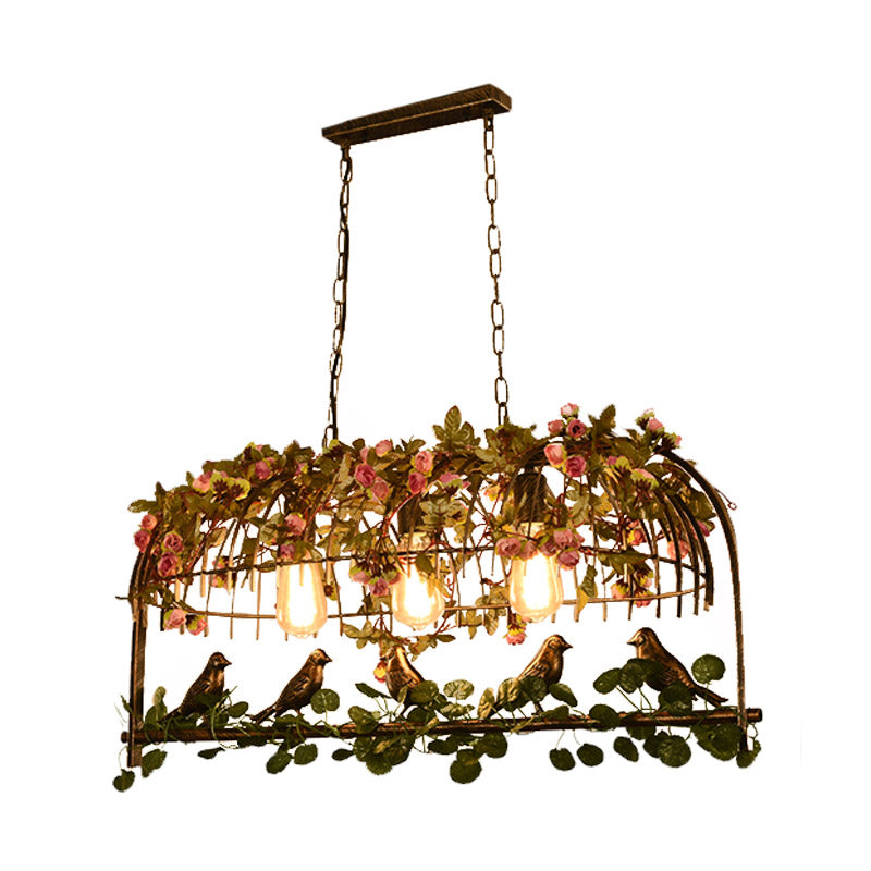 Birdcage Restaurant Island Ceiling Light Retro Metal 2/3/4 Heads Brass Drop Lamp with Flower Decor Clearhalo 'Ceiling Lights' 'Island Lights' Lighting' 401044