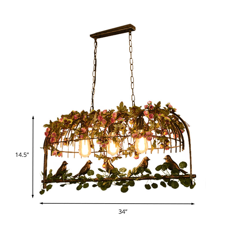 Birdcage Restaurant Island Ceiling Light Retro Metal 2/3/4 Heads Brass Drop Lamp with Flower Decor Clearhalo 'Ceiling Lights' 'Island Lights' Lighting' 401045