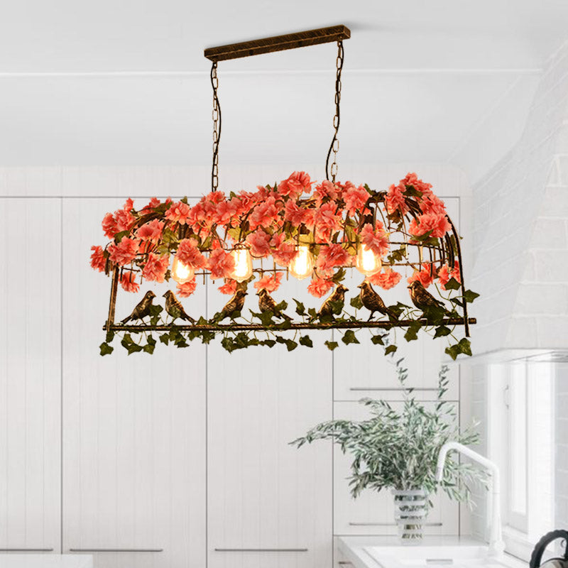 Birdcage Restaurant Island Ceiling Light Retro Metal 2/3/4 Heads Brass Drop Lamp with Flower Decor Clearhalo 'Ceiling Lights' 'Island Lights' Lighting' 401047