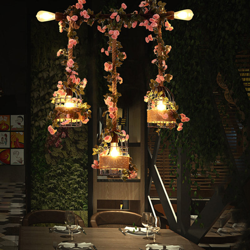 Caged Restaurant Island Ceiling Light Retro Metal 3 Heads Black Drop Lamp with Flower Decor Black Clearhalo 'Ceiling Lights' 'Island Lights' Lighting' 401055