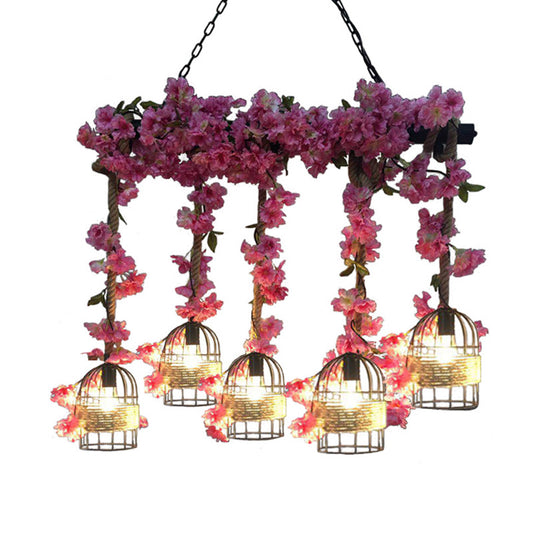 Metal Black Island Pendant Light Cage 5 Bulbs Industrial Flower Hanging Lamp Kit for Restaurant Clearhalo 'Ceiling Lights' 'Island Lights' Lighting' 401063