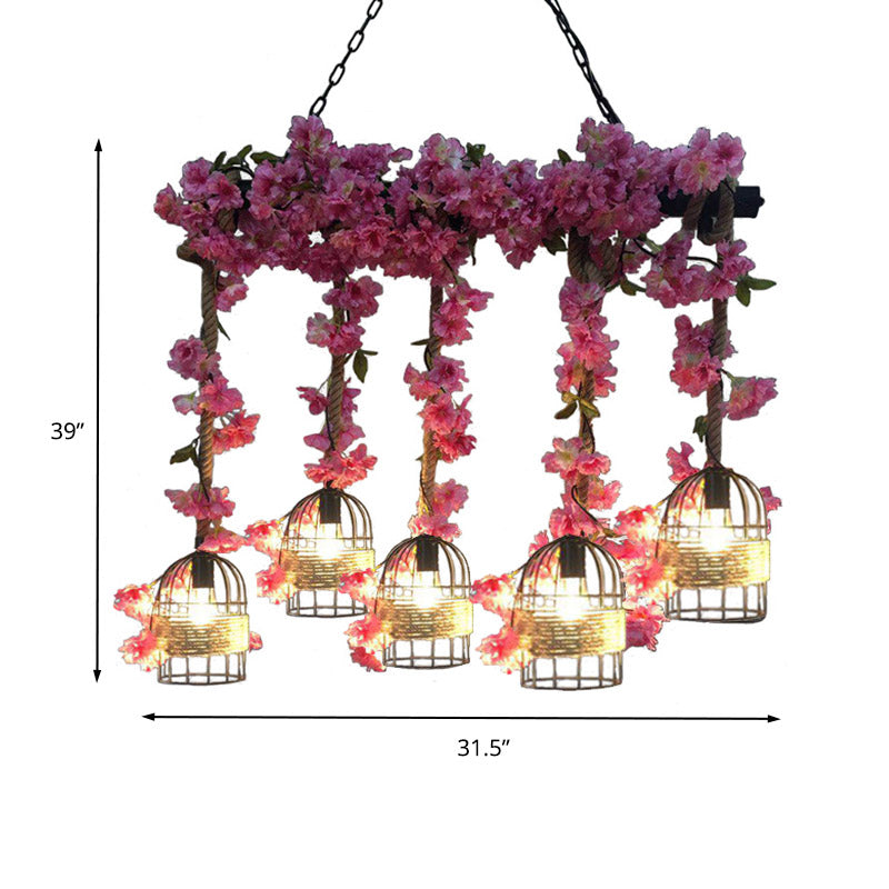 Metal Black Island Pendant Light Cage 5 Bulbs Industrial Flower Hanging Lamp Kit for Restaurant Clearhalo 'Ceiling Lights' 'Island Lights' Lighting' 401064