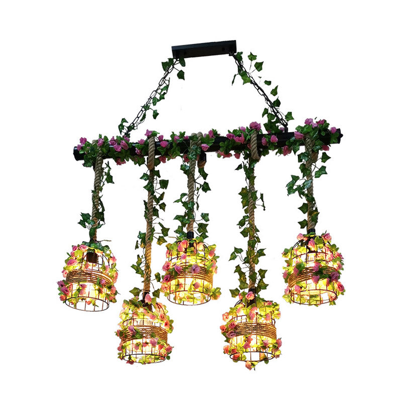 Black Cage Island Lighting Fixture Industrial Metal 5 Heads Restaurant Plant Ceiling Lamp Clearhalo 'Ceiling Lights' 'Island Lights' Lighting' 401068