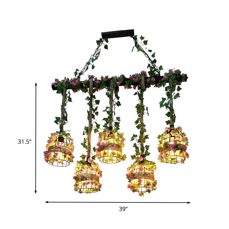 Black Cage Island Lighting Fixture Industrial Metal 5 Heads Restaurant Plant Ceiling Lamp Clearhalo 'Ceiling Lights' 'Island Lights' Lighting' 401069