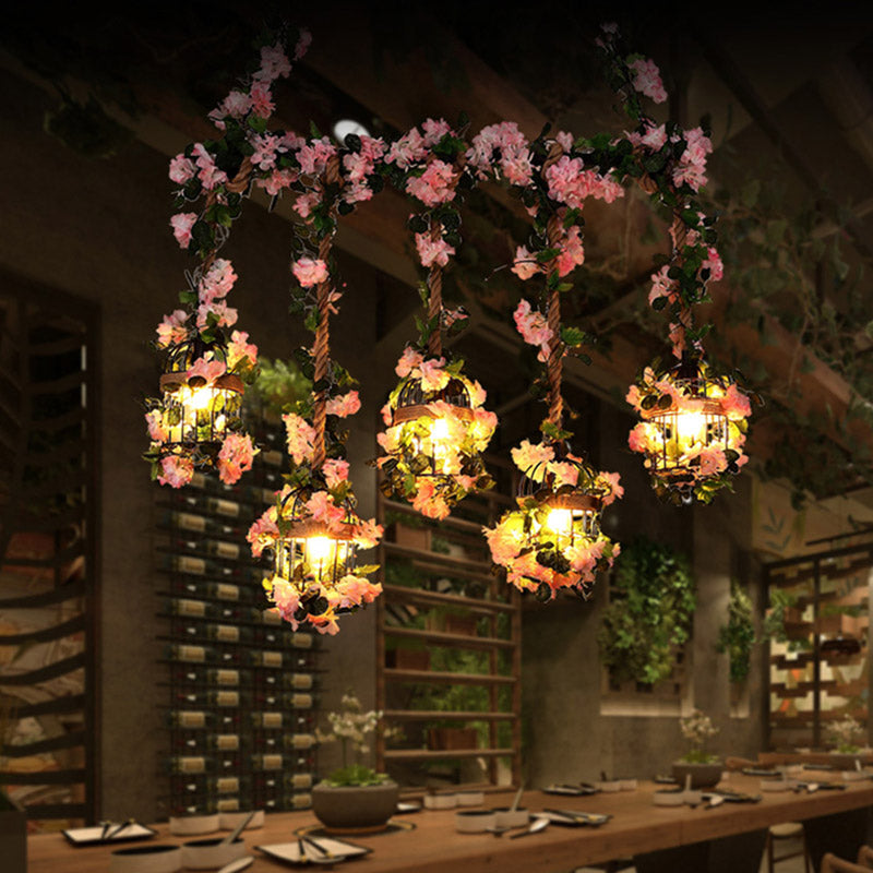 Cage Metal Island Chandelier Antique 5 Heads Restaurant Ceiling Light in Pink/Light Pink with Cherry Blossom/Rose Clearhalo 'Ceiling Lights' 'Island Lights' Lighting' 401072