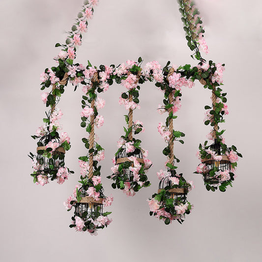 Cage Metal Island Chandelier Antique 5 Heads Restaurant Ceiling Light in Pink/Light Pink with Cherry Blossom/Rose Clearhalo 'Ceiling Lights' 'Island Lights' Lighting' 401073